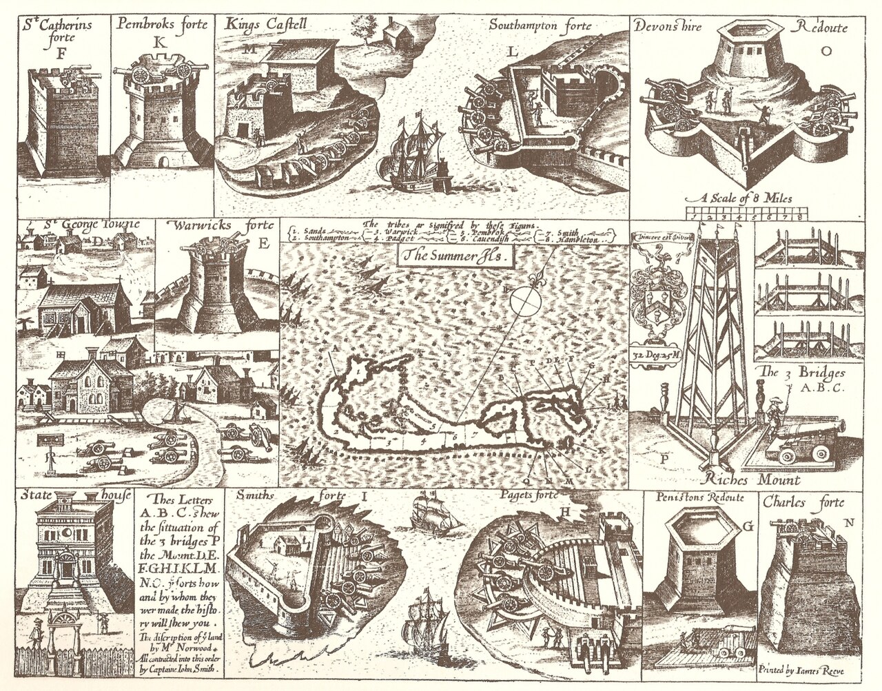 Captain John Smith's 1624 map of Bermuda with drawings of its forts